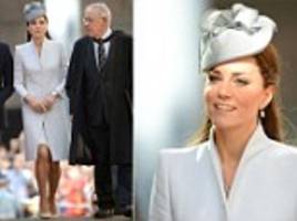 Elegant in a dove grey coat dress, Kate attends church with William on a sunny Easter Sunday in Sydney